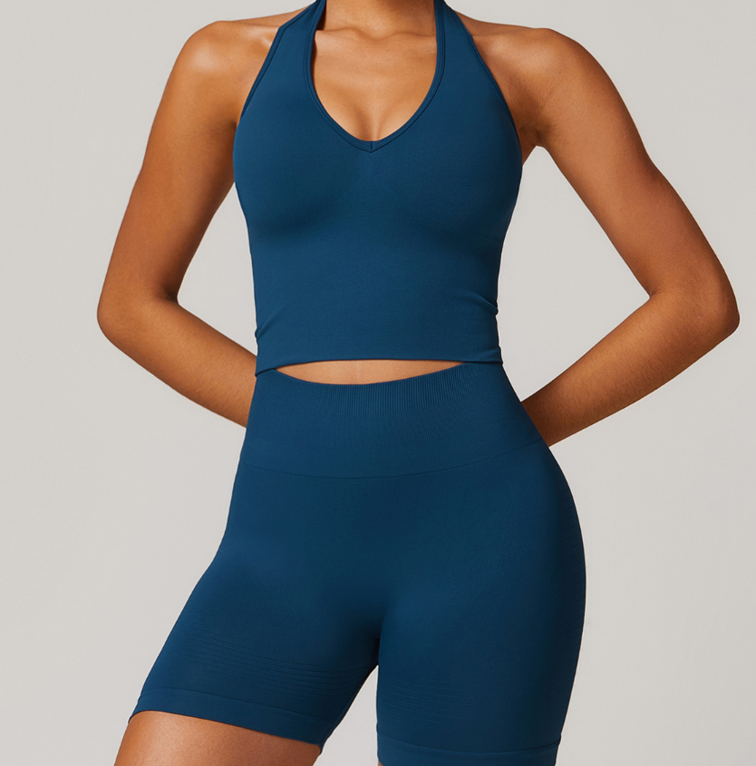Soutien-gorge de sport respirant sans couture à col licou : Haut de fitness antichoc dos nu 8734