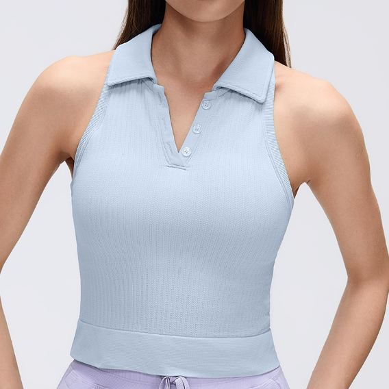 Débardeur de sport sans couture à col polo avec coussinets de soutien-gorge intégrés, soutien-gorge de yoga fitness antichoc et anti-affaissement pour femmes