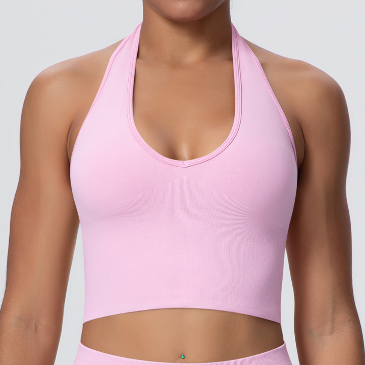 Soutien-gorge de sport respirant de style européen et américain à col licou, soutien-gorge de yoga sans couture pour femmes, haut de fitness antichoc pour l'été