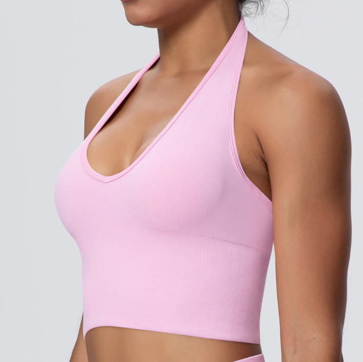 Soutien-gorge de sport respirant de style européen et américain à col licou, soutien-gorge de yoga sans couture pour femmes, haut de fitness antichoc pour l'été