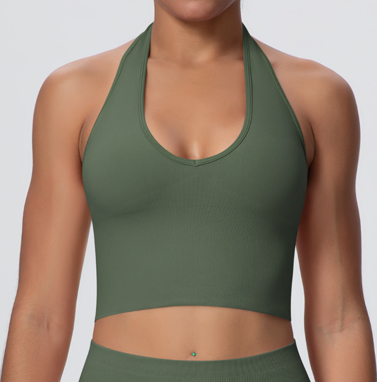 European & American Style Breathable Halter Neck Sports Bra, Seamless Yoga Bra for Women, Shockproof Fitness Top for Summer