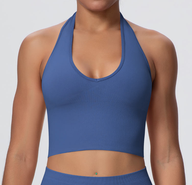 European & American Style Breathable Halter Neck Sports Bra, Seamless Yoga Bra for Women, Shockproof Fitness Top for Summer