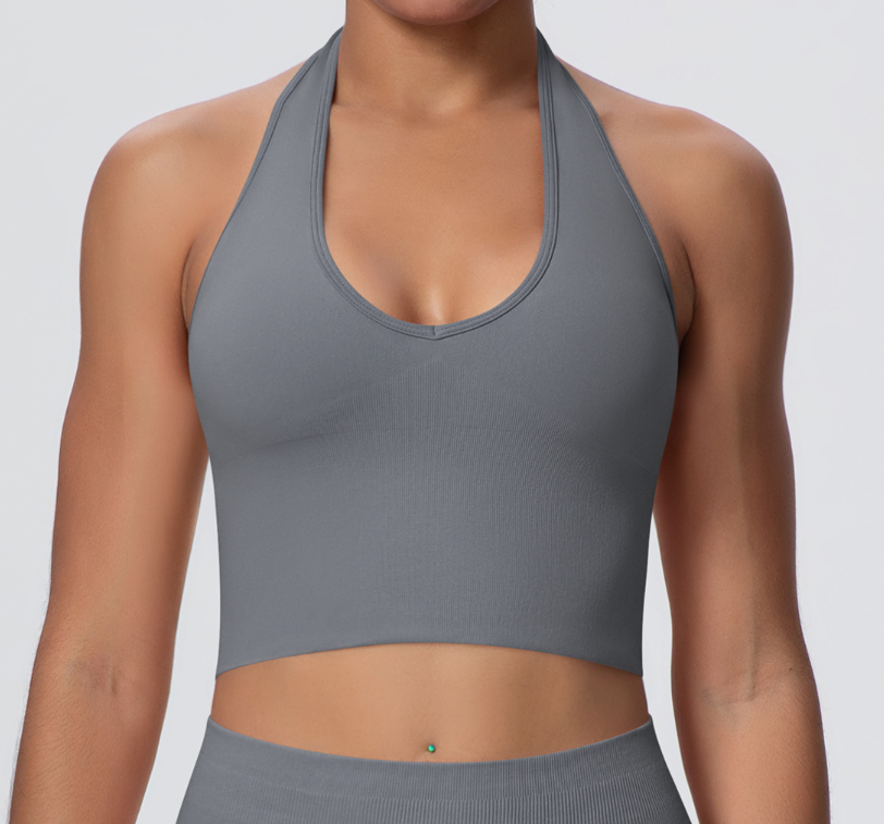 European & American Style Breathable Halter Neck Sports Bra, Seamless Yoga Bra for Women, Shockproof Fitness Top for Summer