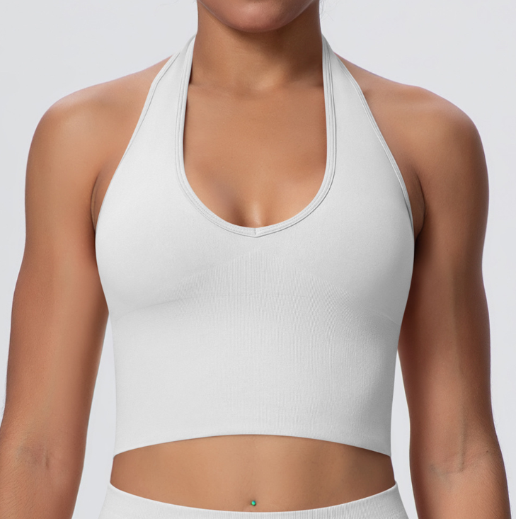 European & American Style Breathable Halter Neck Sports Bra, Seamless Yoga Bra for Women, Shockproof Fitness Top for Summer