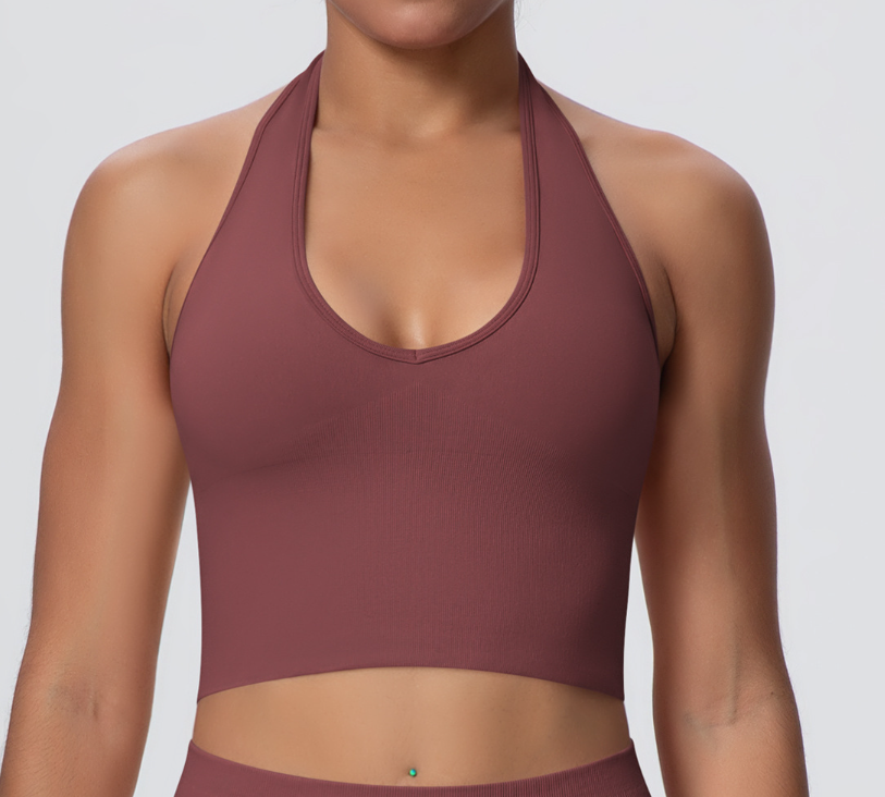 European & American Style Breathable Halter Neck Sports Bra, Seamless Yoga Bra for Women, Shockproof Fitness Top for Summer