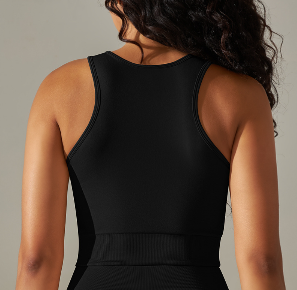 Haut de yoga sans couture transfrontalier européen et américain, coupe ajustée, mi-long, couleur unie, très extensible, vêtement de sport pour la course et le fitness