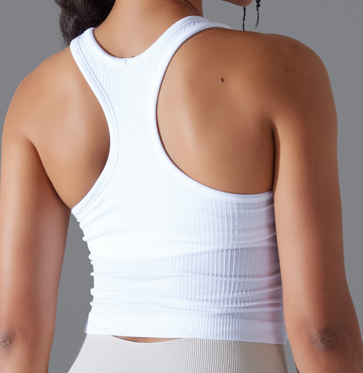Débardeur long côtelé pour femme, style européen et américain, couleur unie, très extensible, coupe ajustée, dos nageur, pour le sport, la course, le fitness et le yoga