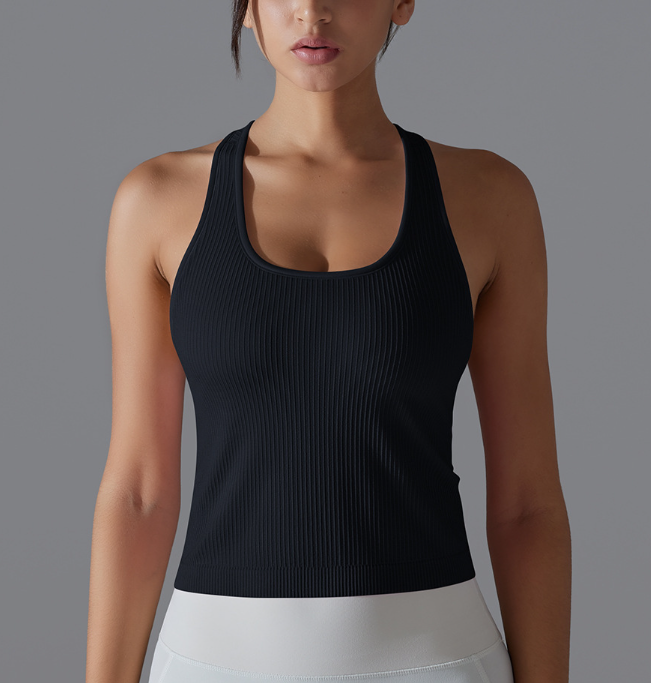 Débardeur long côtelé pour femme, style européen et américain, couleur unie, très extensible, coupe ajustée, dos nageur, pour le sport, la course, le fitness et le yoga