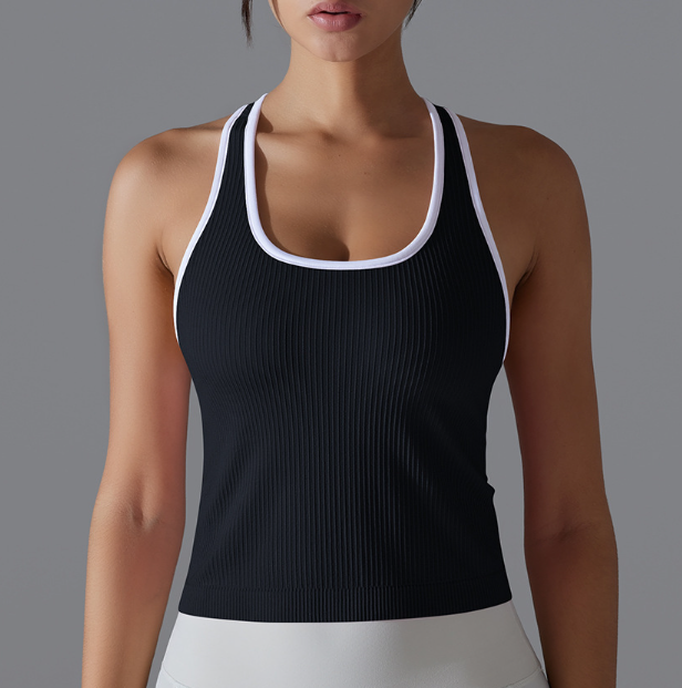 Débardeur long côtelé pour femme, style européen et américain, couleur unie, très extensible, coupe ajustée, dos nageur, pour le sport, la course, le fitness et le yoga