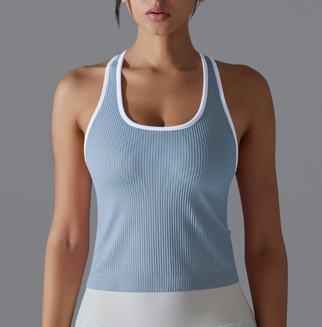 Débardeur long côtelé pour femme, style européen et américain, couleur unie, très extensible, coupe ajustée, dos nageur, pour le sport, la course, le fitness et le yoga