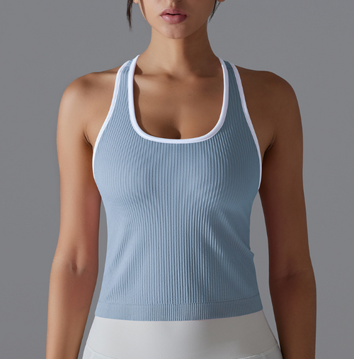 Débardeur long côtelé pour femme, style européen et américain, couleur unie, très extensible, coupe ajustée, dos nageur, pour le sport, la course, le fitness et le yoga