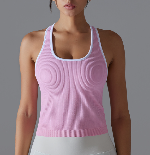 Débardeur long côtelé pour femme, style européen et américain, couleur unie, très extensible, coupe ajustée, dos nageur, pour le sport, la course, le fitness et le yoga