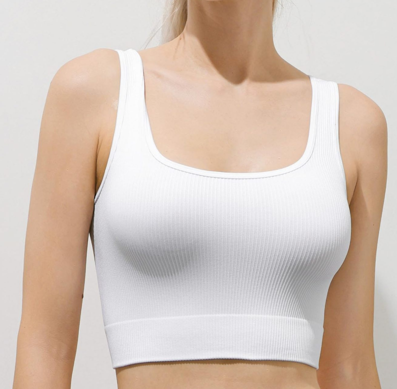 Soutien-gorge de sport sans coutures à col carré pour femme, débardeur de yoga à larges bretelles et dos nageur, haut d'entraînement athlétique respirant de couleur unie pour femme