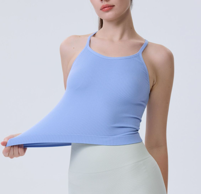 Caraco de yoga côtelé sans couture pour femme, soutien-gorge de sport transfrontalier, haut à porter seul ou en superposition, couche de base ajustée