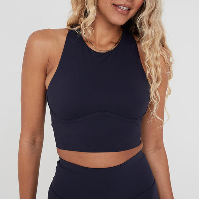 Vente en gros OEM/ODM de vêtements de yoga personnalisés : Soutien-gorge de sport long à col montant, dos croisé entièrement couvrant, débardeur court pour les marques