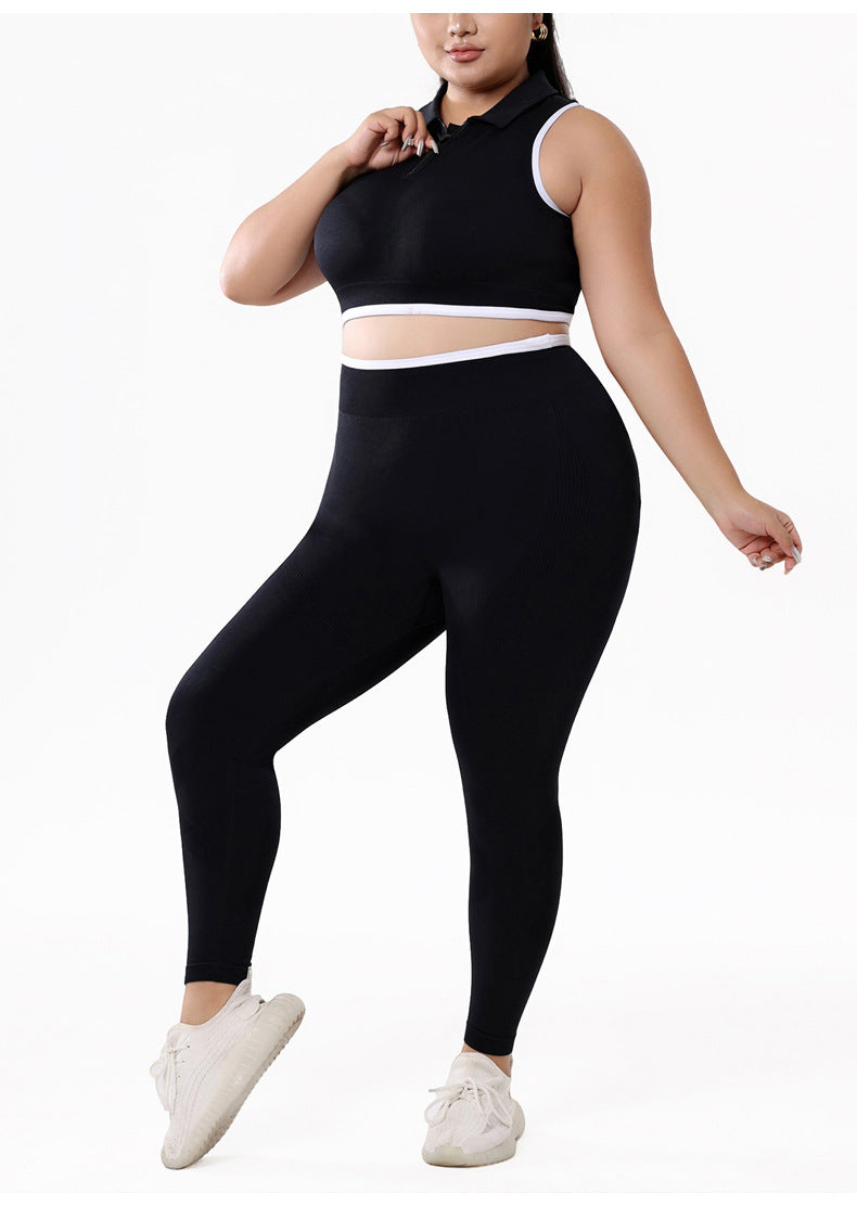 Ensemble de yoga grande taille pour femme, top court zippé à col polo et dos nageur, et pantalon taille haute galbant les fessiers