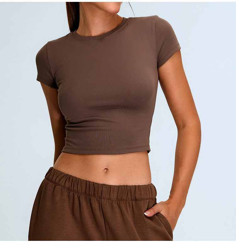 T-shirt de yoga côtelé sans coutures : Manches courtes moulantes, à séchage rapide et respirantes pour la course