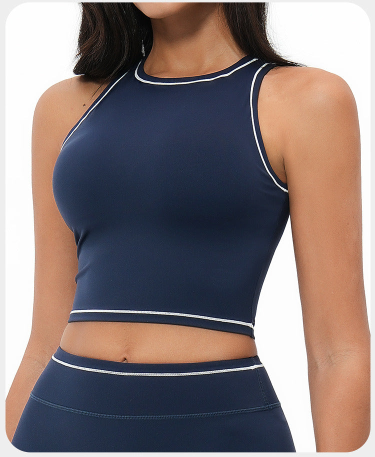 Débardeur de yoga à sensation seconde peau pour femme, brassière de sport de fitness yoga antichoc à dos nageur avec bande contrastante