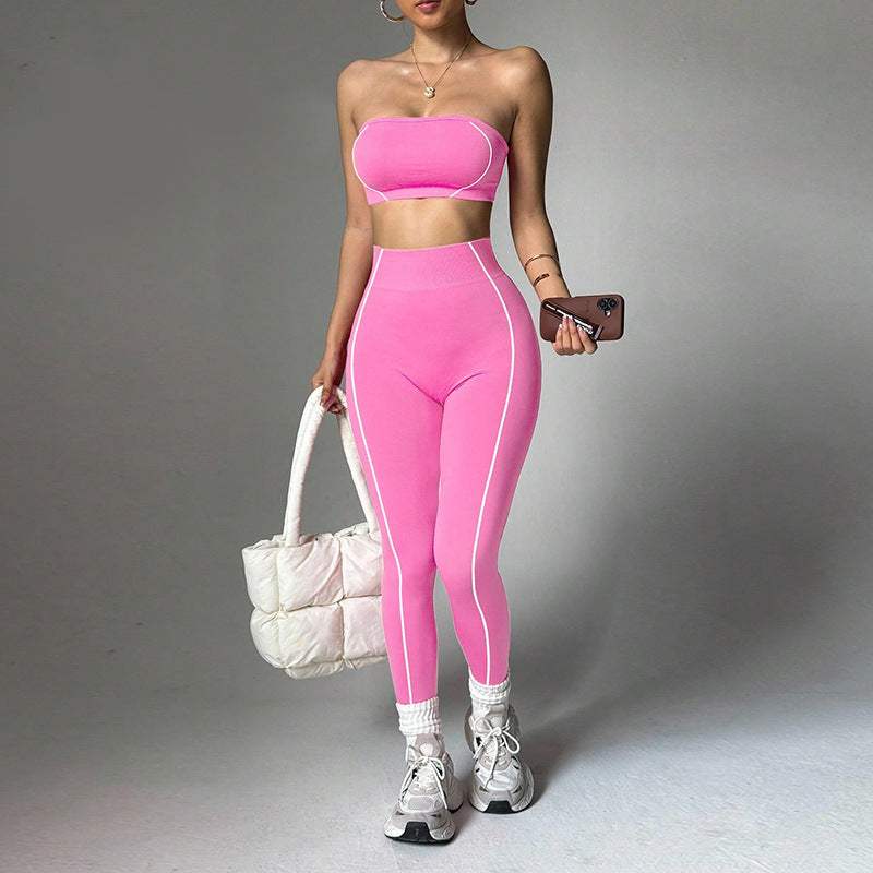 Women's Color Block Yoga Set, Wrap Bandeau Top & Slim Fit Peach Booty Pants, Workout Fitness Outfit