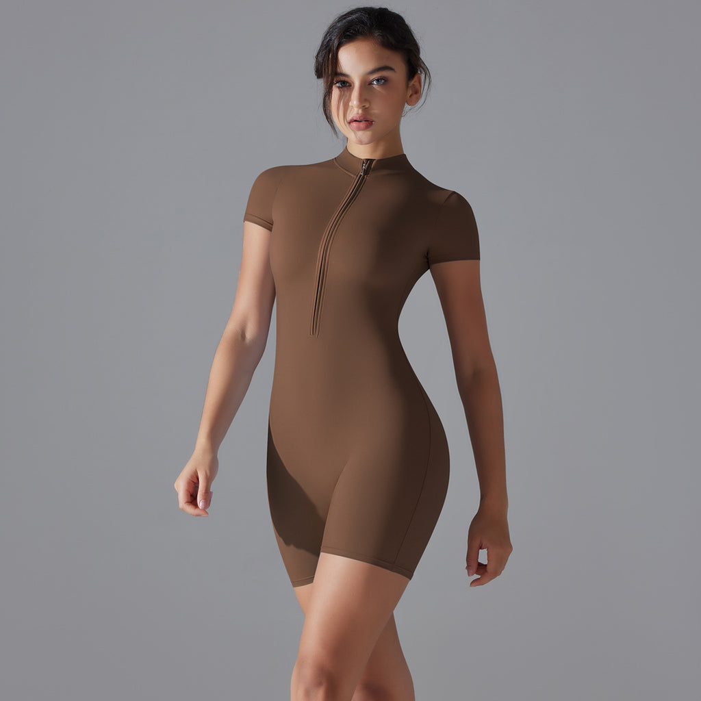 Combinaison de yoga à manches courtes et fermeture éclair sur le devant : Bodysuit de danse gainant sans couture et combinaison athlétique cycliste.