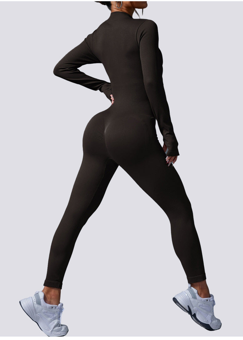 Women's Fall & Winter One-Piece Yoga Jumpsuit, Zip Up Stand Collar Long Sleeve with Thumb Holes, Tummy Control & Butt Lifting Fitness Bodysuit