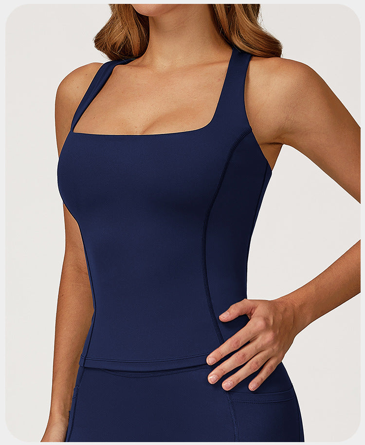 Débardeur de yoga pour femme effet seconde peau, gilet de sport slim dos nageur pour course en extérieur et fitness