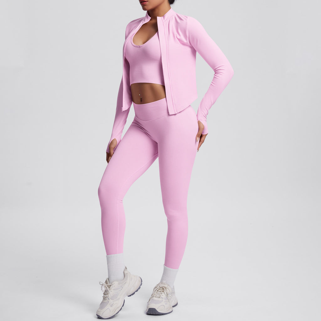 Ensemble de yoga 3 pièces sans coutures : Tenue d'entraînement respirante et très extensible - Soutien-gorge de sport, haut ajusté et leggings taille haute