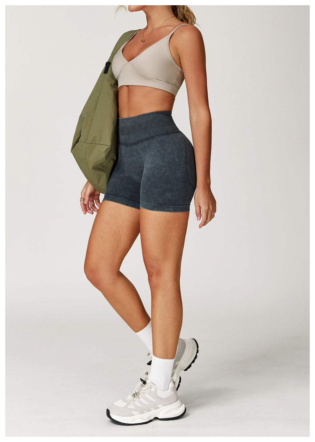 Short de yoga sans couture délavé à l'acide : Short de fitness taille haute gainant pour la course 7425