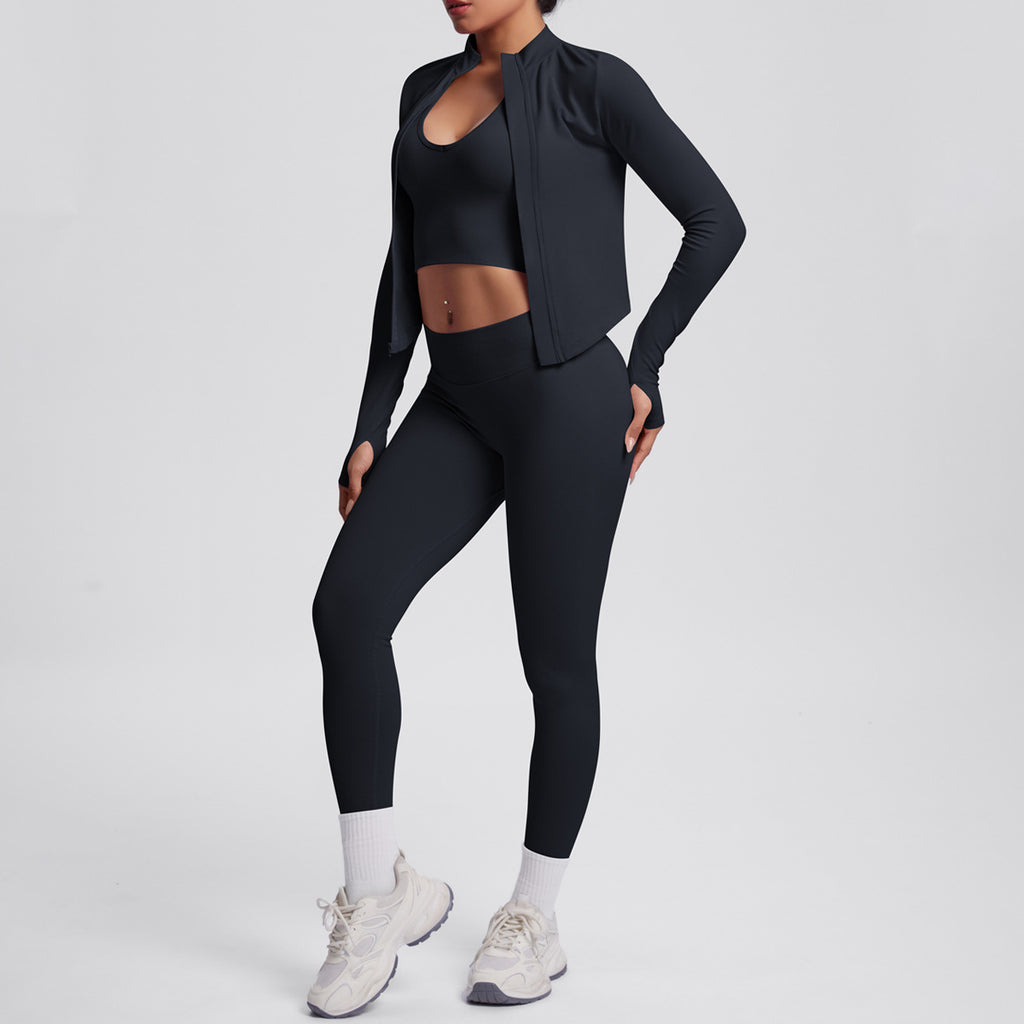 Ensemble de yoga 3 pièces sans coutures : Tenue d'entraînement respirante et très extensible - Soutien-gorge de sport, haut ajusté et leggings taille haute