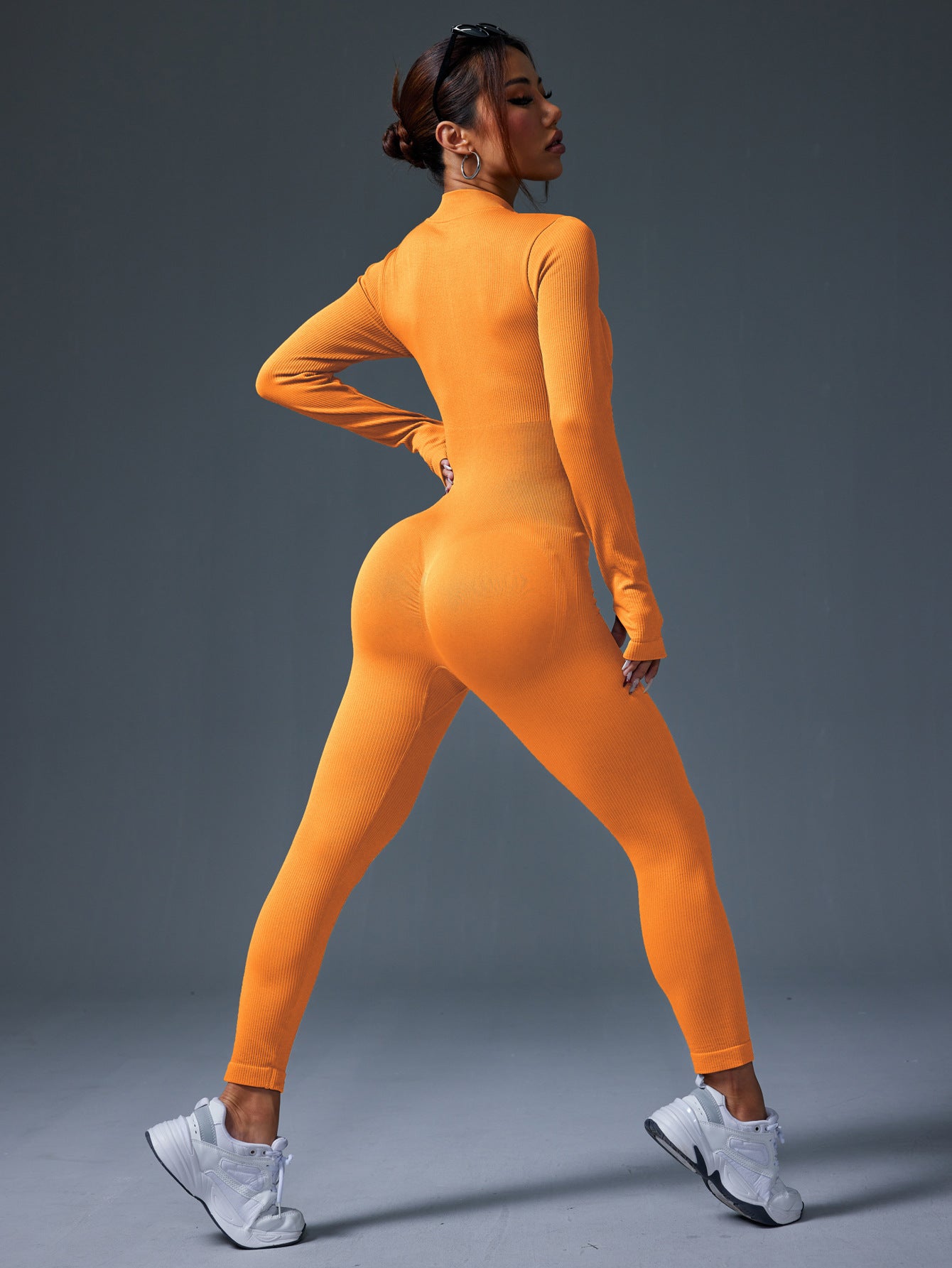 Women's Fall & Winter One-Piece Yoga Jumpsuit, Zip Up Stand Collar Long Sleeve with Thumb Holes, Tummy Control & Butt Lifting Fitness Bodysuit