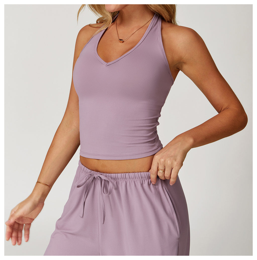 Débardeur de yoga brossé pour femme, brassière de sport décolleté en V coupe slim avec dos nageur pour la course et l'entraînement