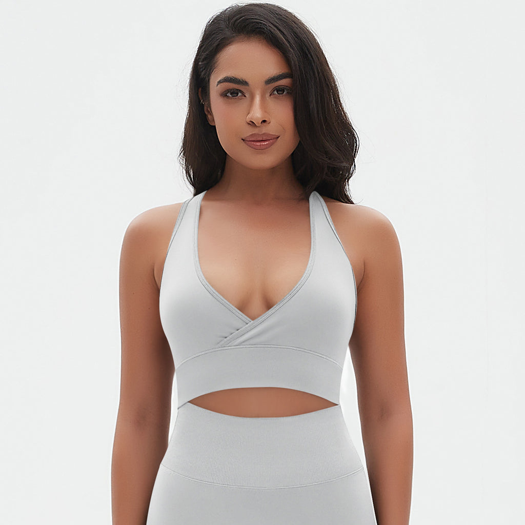 Seamless Criss-Cross Back Sports Bra: Sexy Strappy Yoga Bralette & High-Stretch Solid Color Fitness Running Top