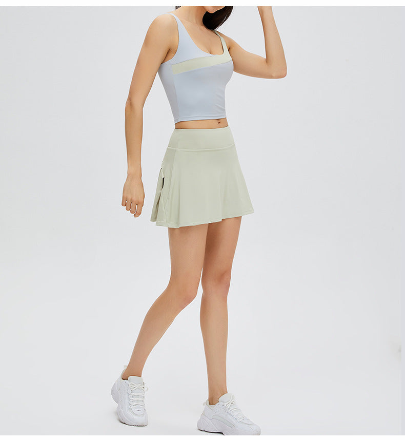 Seamless Contrast-Stitch Sports Bra: High-Elasticity Nude-Feel Yoga Crop Top for Tennis & Gym