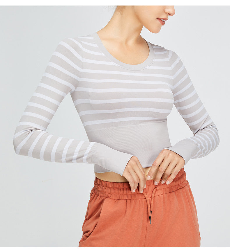 Nude-Feel Color-Block Yoga Long Sleeve: Breathable Cropped Workout Top & Slim-Fit Fitness Tee