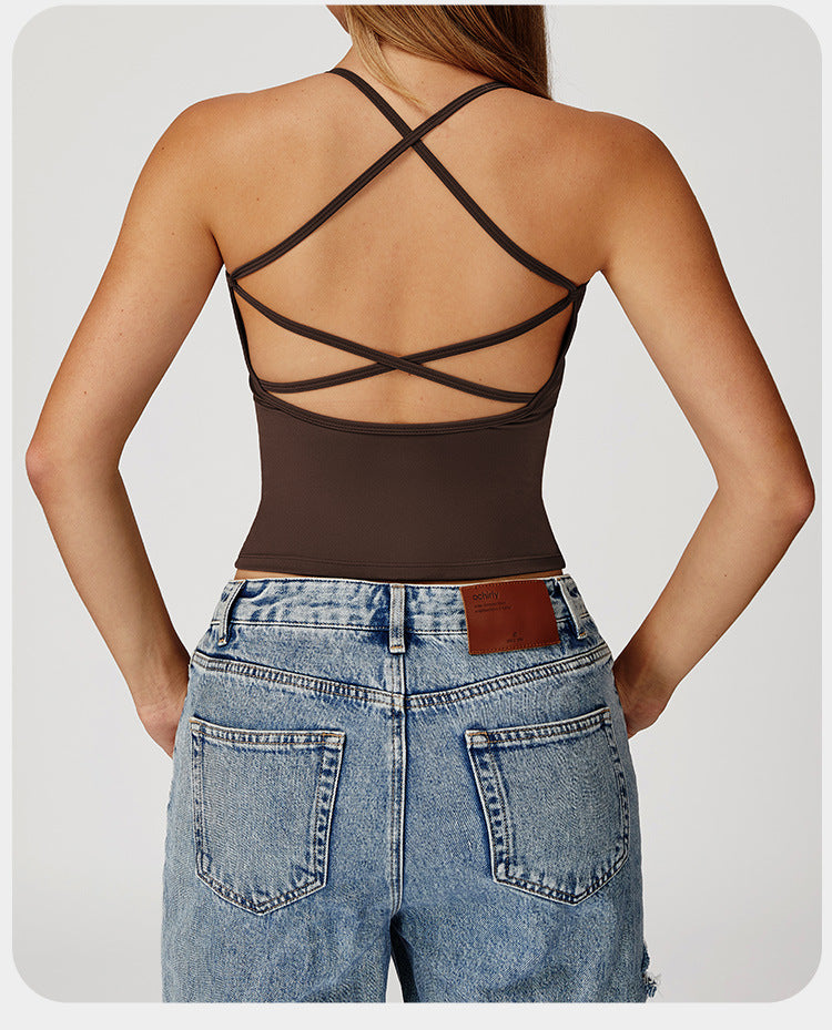 Débardeur de yoga à sensation seconde peau pour femme, haut de fitness à séchage rapide dos croisé, gilet de sport de course en extérieur