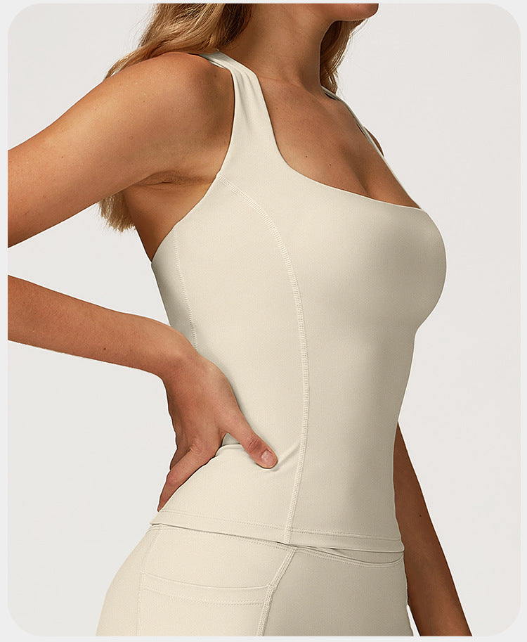 Débardeur de yoga pour femme effet seconde peau, gilet de sport slim dos nageur pour course en extérieur et fitness