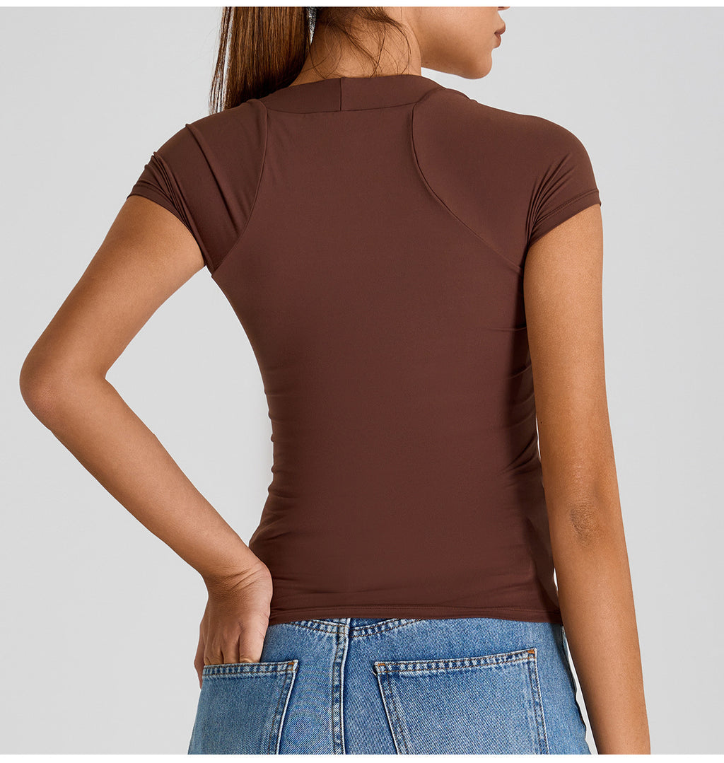 Seamless Square-Neck Shrug-Style Yoga T-Shirt: Slim-Fit Short Sleeve Activewear for Running & Gym