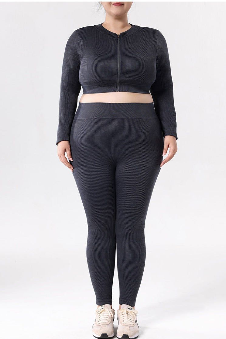 Ensemble de yoga brossé grande taille pour femmes, haut zippé à manches longues avec trous pour les pouces et leggings taille haute galbants