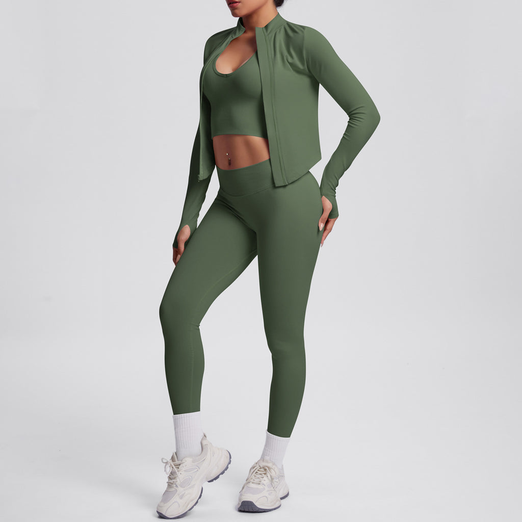 Ensemble de yoga 3 pièces sans coutures : Tenue d'entraînement respirante et très extensible - Soutien-gorge de sport, haut ajusté et leggings taille haute