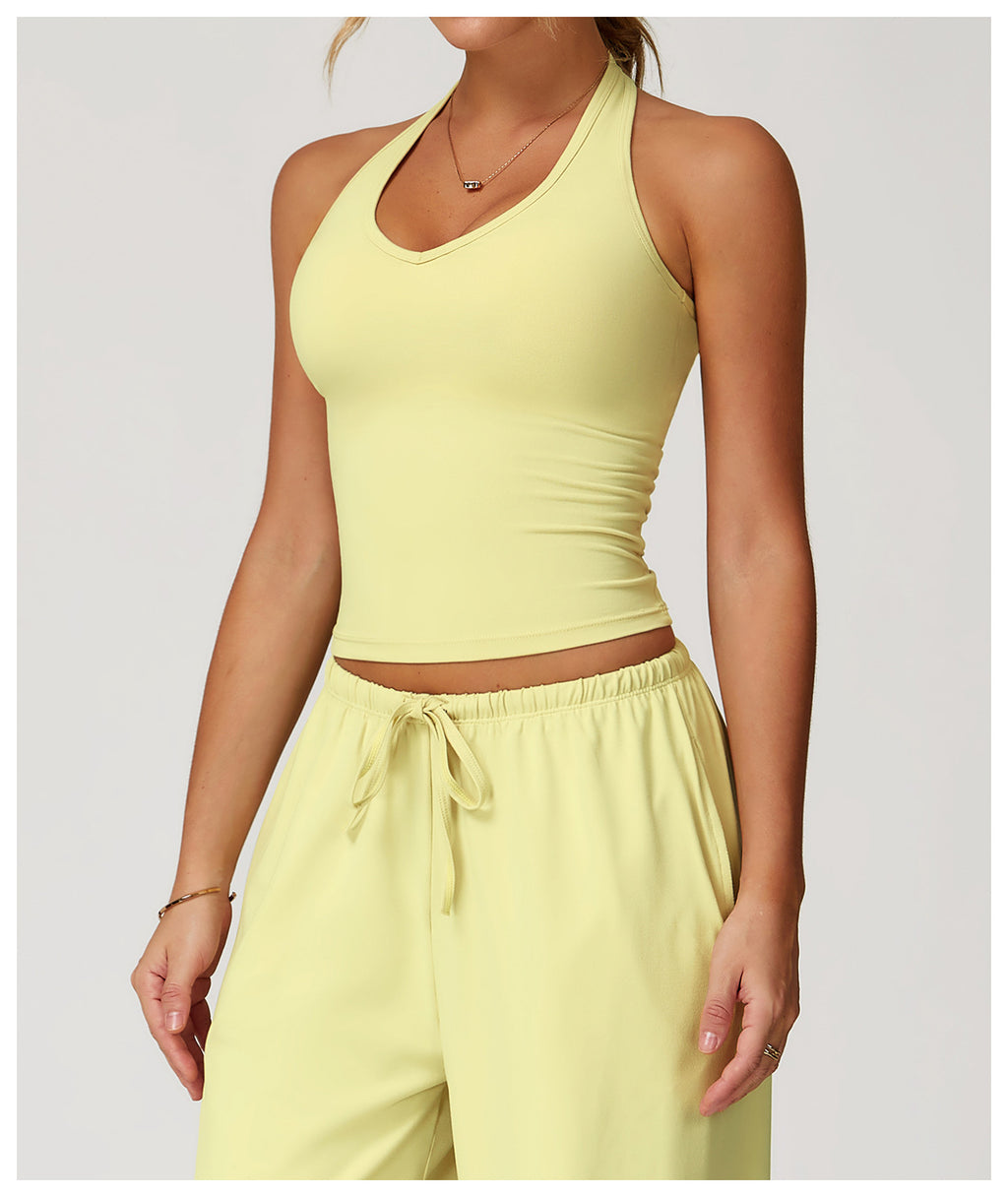 Débardeur de yoga brossé pour femme, brassière de sport décolleté en V coupe slim avec dos nageur pour la course et l'entraînement
