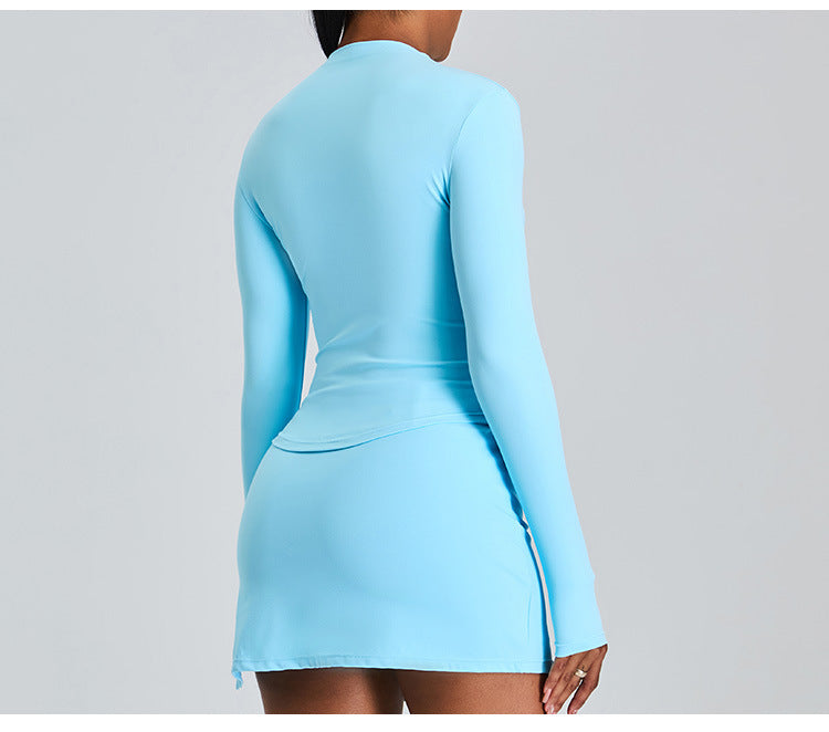 Long Sleeve Slim-Fit Yoga Set: High-Waisted A-Line Sports Skirt with Built-in Shorts & Fitness Outfit