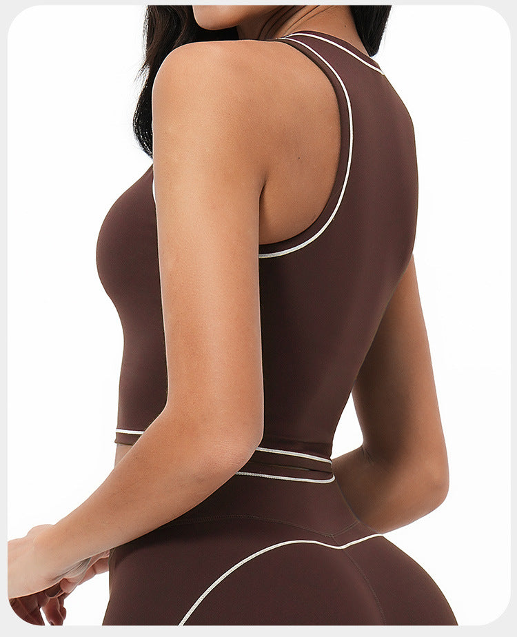 Débardeur de yoga à sensation seconde peau pour femme, brassière de sport de fitness yoga antichoc à dos nageur avec bande contrastante