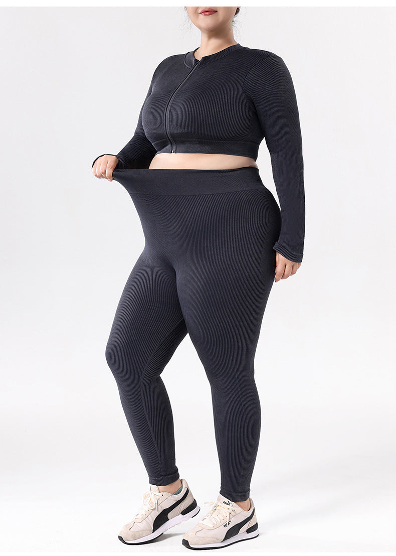 Ensemble de yoga brossé grande taille pour femmes, haut zippé à manches longues avec trous pour les pouces et leggings taille haute galbants