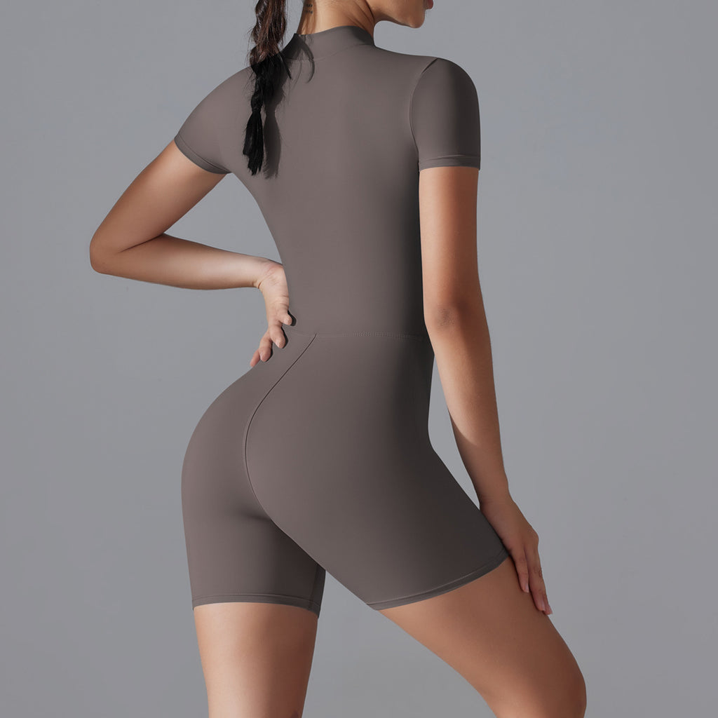 Combinaison de yoga à manches courtes et fermeture éclair sur le devant : Bodysuit de danse gainant sans couture et combinaison athlétique cycliste.