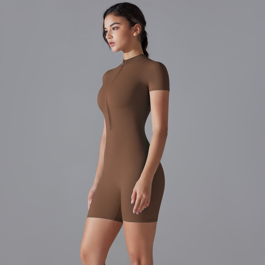 Combinaison de yoga à manches courtes et fermeture éclair sur le devant : Bodysuit de danse gainant sans couture et combinaison athlétique cycliste.