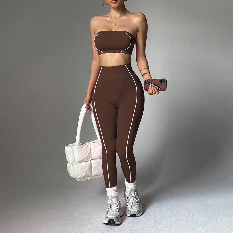 Women's Color Block Yoga Set, Wrap Bandeau Top & Slim Fit Peach Booty Pants, Workout Fitness Outfit