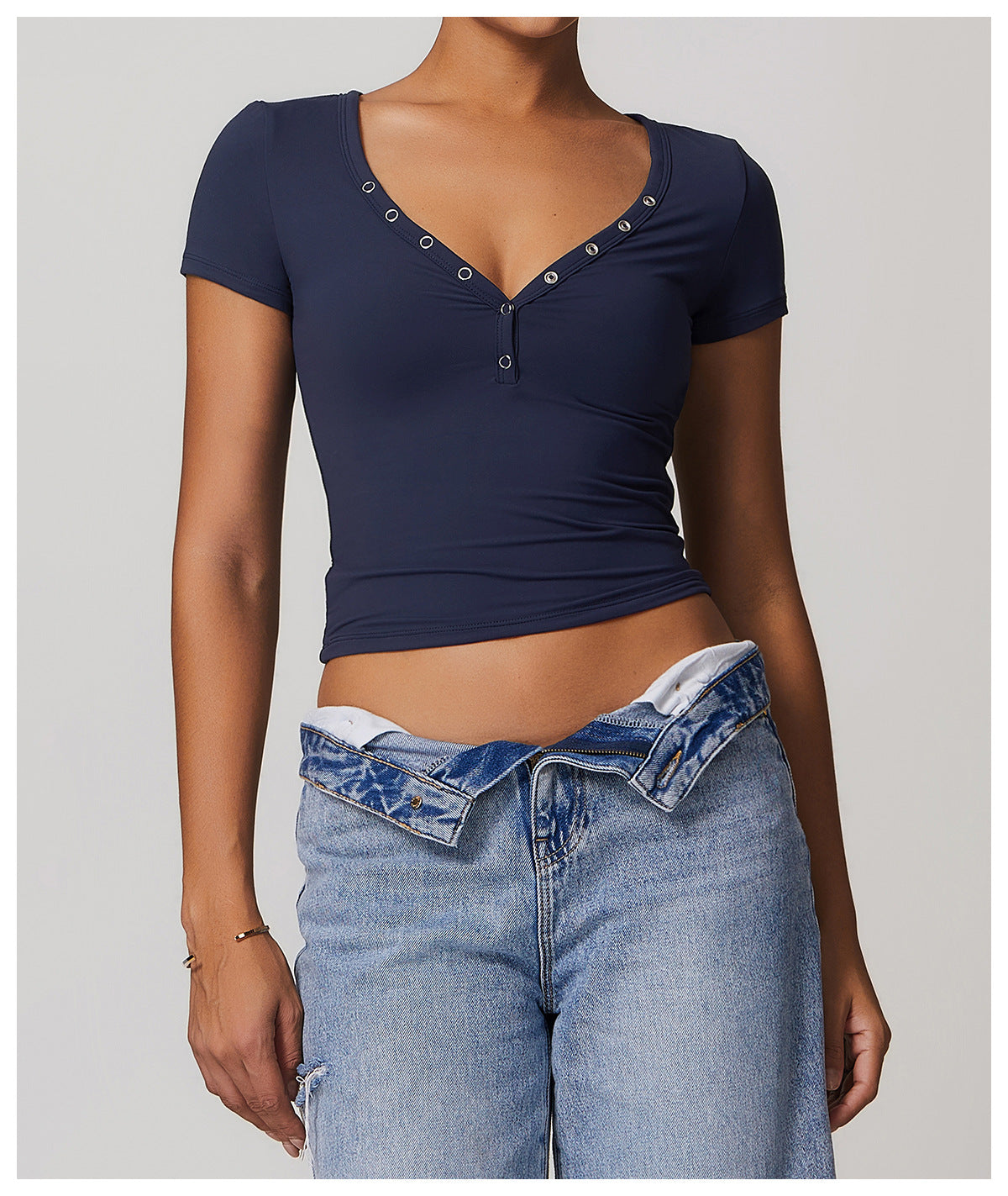 T-shirt de sport côtelé à manches courtes, col en V, pour femme, style européen et américain, idéal pour la course, le fitness et le yoga.