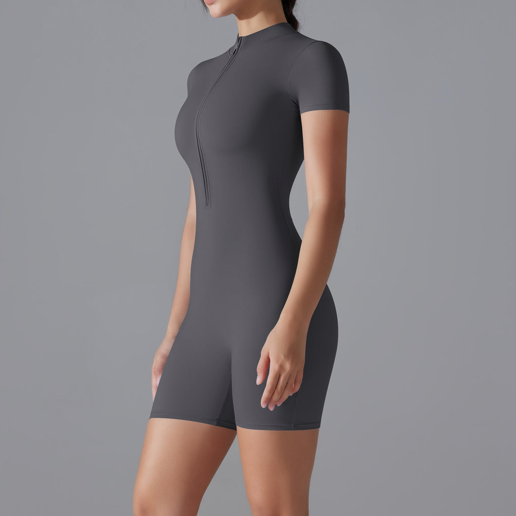 Combinaison de yoga à manches courtes et fermeture éclair sur le devant : Bodysuit de danse gainant sans couture et combinaison athlétique cycliste.