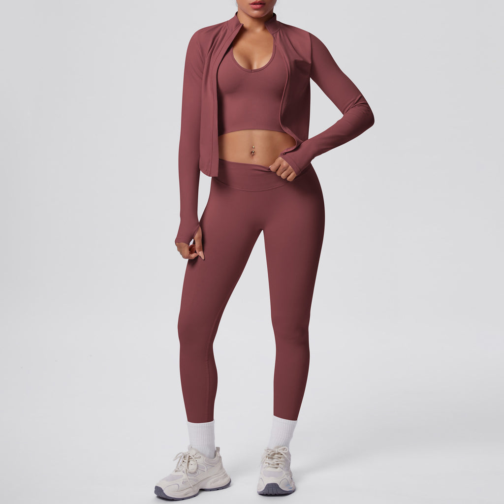 Ensemble de yoga 3 pièces sans coutures : Tenue d'entraînement respirante et très extensible - Soutien-gorge de sport, haut ajusté et leggings taille haute