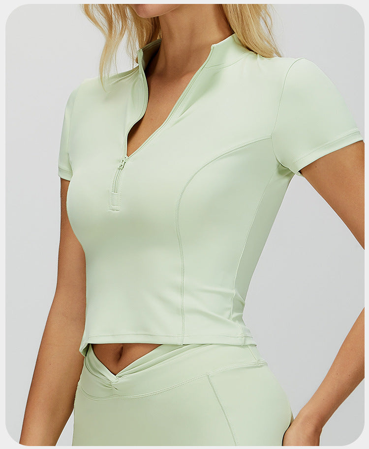 T-shirt de sport moulant à col montant et fermeture éclair pour femme, à manches courtes, pour le yoga, la course à pied et le fitness en extérieur